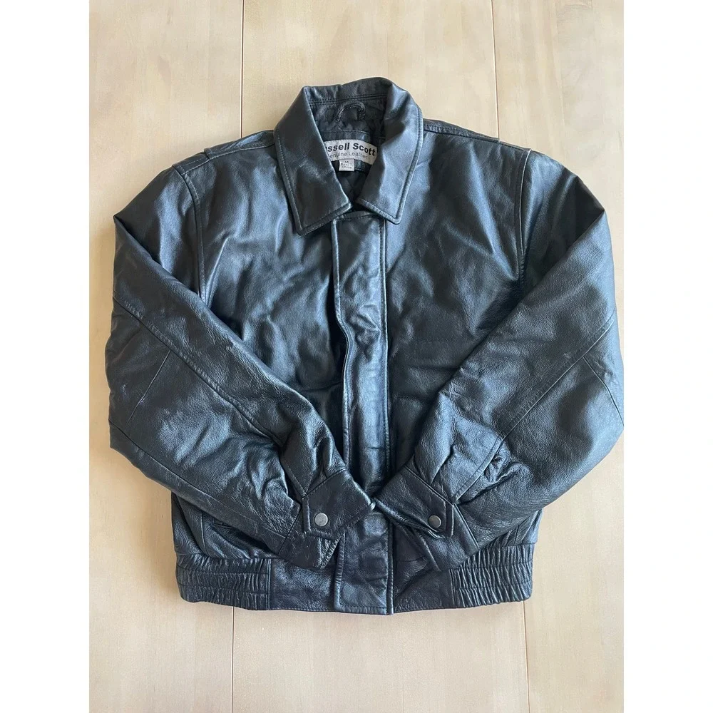 VTG Y2K Kids Russell Scott Black Genuine Leather Bomber Jacket - Size 10/12